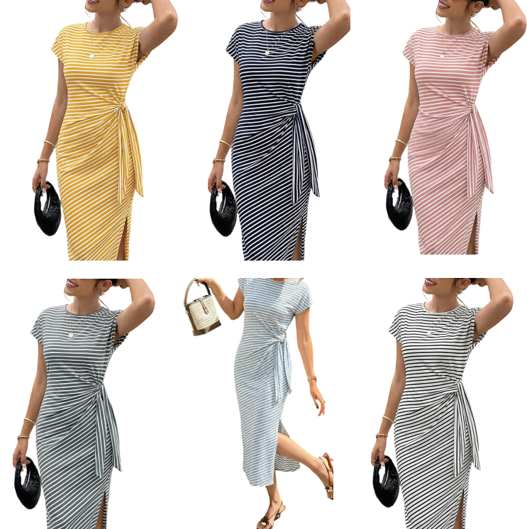 Robe midi à rayures avec nœud sur le côté pour femme