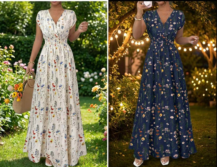 Robe longue à fleurs pour femme, col en V et taille smockée