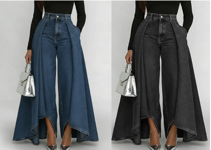 👖 Jean femme taille haute à jambes larges et ourlet asymétrique – look moderne, flatteur et facile à assortir
