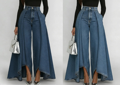 👖 Jean femme taille haute à jambes larges et ourlet asymétrique – look moderne, flatteur et facile à assortir
