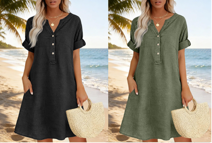 👗 Robe femme décontractée à col V et taille cintrée, poches, tissu doux et confortable ✨