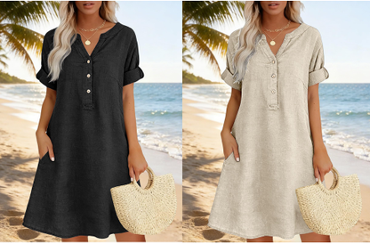 👗 Robe femme décontractée à col V et taille cintrée, poches, tissu doux et confortable ✨