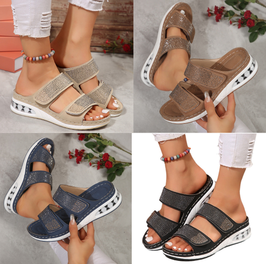 👡 Sandales compensées pour femmes, ornées de strass étincelants, avec soutien de la voûte plantaire et absorption des chocs 🌸
