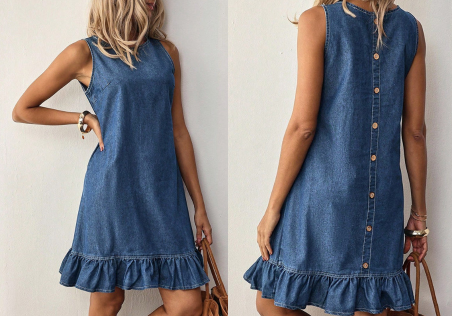 👗🌸 Robe en jean sans manches pour femme avec ourlet à volants, facile à laver et infroissable.