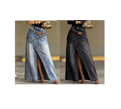 ❌ Encore aujourd'hui au prix promo – demain plein tarif ! Damen Denim-Maxirock mit mehrlagiger Taille