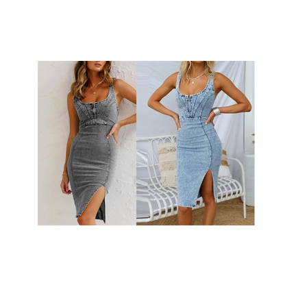 👗💙 Robe en jean pour femme à bretelles, décolleté en U et fente – élégante et sexy décontractée