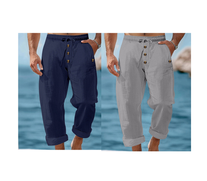 Pantalon décontracté en lin à cordon de serrage pour homme