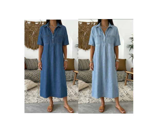 👗🔥  -50% Robe Chemise Midi en Jean Femme avec Poches – Coupe Ample Tissu Rigide Col V Réglable Manches Courtes Confortable
