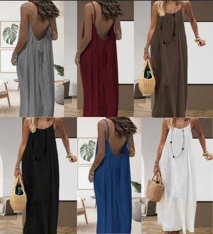 💐 PROMO LIMITÉE -50% ! 🌸 Robe Longue Décontractée Femme – Dos Nu Nœud, Bretelles Réglables, Coupe Ample & 6 Couleurs S–2XL 👡