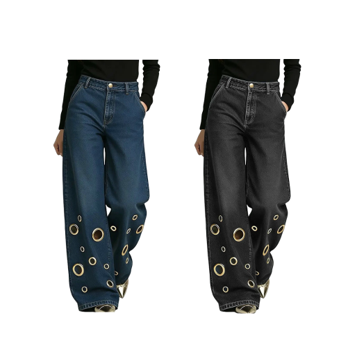 🖤Jean taille haute à jambes larges pour femme, orné d'œillets métalliques dorés, livraison gratuite