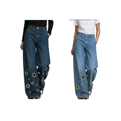 🖤Jean taille haute à jambes larges pour femme, orné d'œillets métalliques dorés, livraison gratuite