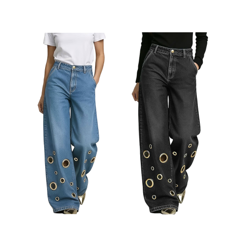 🖤Jean taille haute à jambes larges pour femme, orné d'œillets métalliques dorés, livraison gratuite