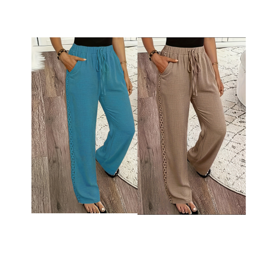 🔥-53%👖 Pantalon à jambes larges pour femmes, taille élastique avec cordon de serrage, bordure en dentelle, ample et confortable, style décontracté.
