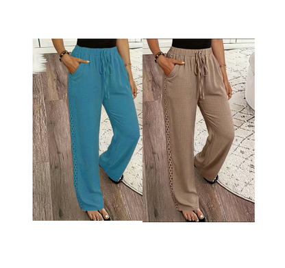🔥-53%👖 Pantalon à jambes larges pour femmes, taille élastique avec cordon de serrage, bordure en dentelle, ample et confortable, style décontracté.