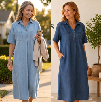 👗🔥  -50% Robe Chemise Midi en Jean Femme avec Poches – Coupe Ample Tissu Rigide Col V Réglable Manches Courtes Confortable