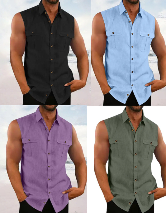 👔 Chemise Sans Manches Homme Col Chemise à Deux Poches Poitrine – Haut Décontracté à Boutons Naturels Coupe Ample