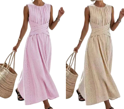 ⏳Offre limitée dans le temps : 52% de réduction⏰Robe longue rayée sans manches pour femme🎀👗