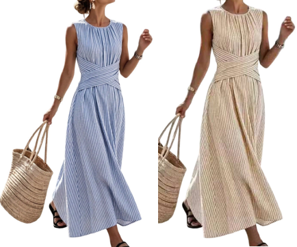 ⏳Offre limitée dans le temps : 52% de réduction⏰Robe longue rayée sans manches pour femme🎀👗