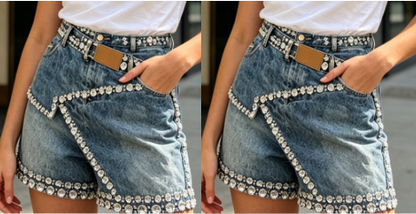 🔥-60%👖 Jupe-short en Jean Femme à Strass – Taille Haute Design Asymétrique