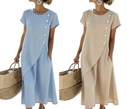 👗 Robe longue pour femme, col rond, manches courtes, détails de boutons, coupe fluide 🌿 Convient pour le bureau, les sorties en ville et les occasions spéciales.