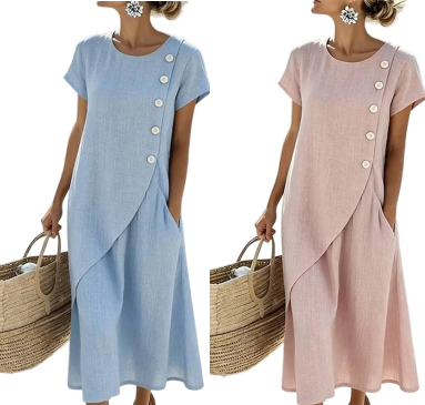👗 Robe longue pour femme, col rond, manches courtes, détails de boutons, coupe fluide 🌿 Convient pour le bureau, les sorties en ville et les occasions spéciales.