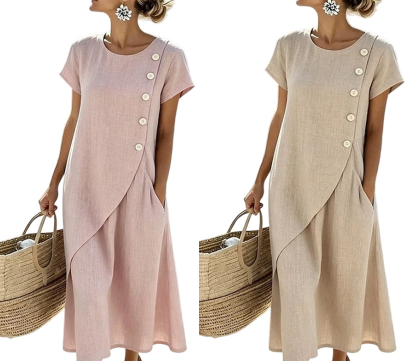 👗 Robe longue pour femme, col rond, manches courtes, détails de boutons, coupe fluide 🌿 Convient pour le bureau, les sorties en ville et les occasions spéciales.