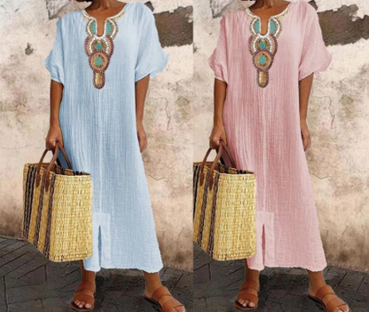 🔥-45%👗 Robe Longue Coton Froissé Femme – Col Décoratif Ethnique, Manches Courtes et Fente Latérale🤍 Robe ample texturée col brodé