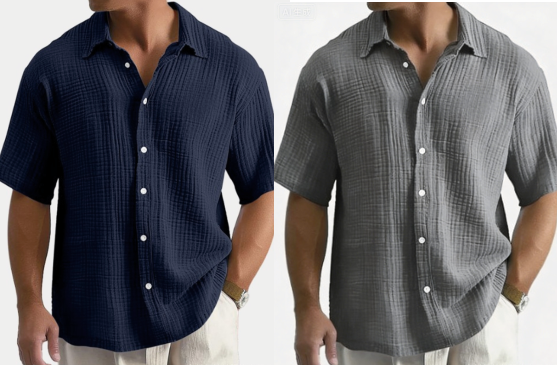 👔 Chemise Homme Manches Courtes en Coton Froissé Léger – Col Chemise Décontractée Été🤍 look chic décontracté pour bureau et quotidien