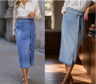 ✨🛍️Jupe portefeuille en denim vintage – Fermeture ajustable par nouage sur le côté et longueur midi polyvalente, idéale du matin au soir