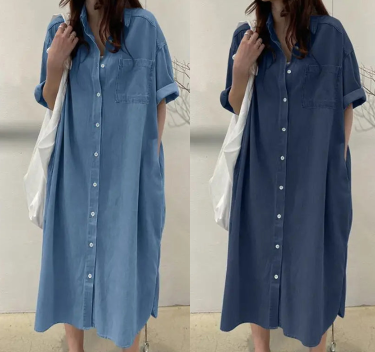 🔥‑50 % Robe longue en jean coupe décontractée boutonnée devant🤍✨ Robe‑chemise pratique avec poches, style simple et intemporel