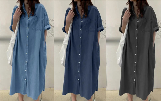🔥‑50 % Robe longue en jean coupe décontractée boutonnée devant🤍✨ Robe‑chemise pratique avec poches, style simple et intemporel