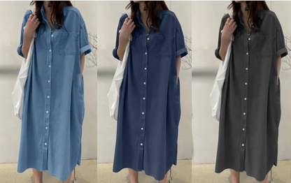 🔥‑50 % Robe longue en jean coupe décontractée boutonnée devant🤍✨ Robe‑chemise pratique avec poches, style simple et intemporel
