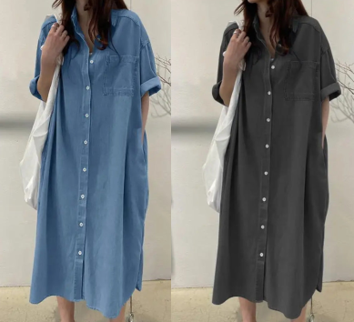 🔥‑50 % Robe longue en jean coupe décontractée boutonnée devant🤍✨ Robe‑chemise pratique avec poches, style simple et intemporel