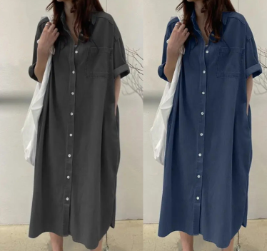 🔥‑50 % Robe longue en jean coupe décontractée boutonnée devant🤍✨ Robe‑chemise pratique avec poches, style simple et intemporel