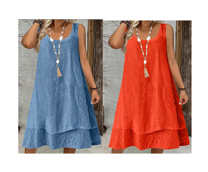 🔥 Robe femme deux couches sans manches, coupe fluide confortable🌿 Robe superposition à volant, tissu léger, style décontracté et naturel