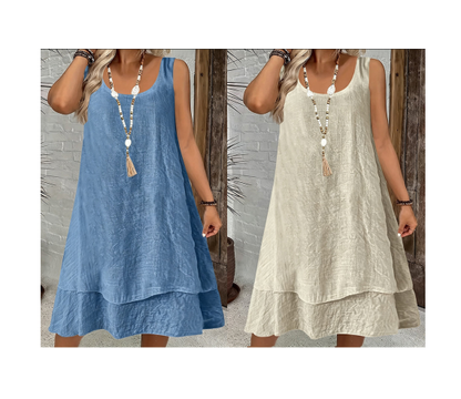 🔥 Robe femme deux couches sans manches, coupe fluide confortable🌿 Robe superposition à volant, tissu léger, style décontracté et naturel