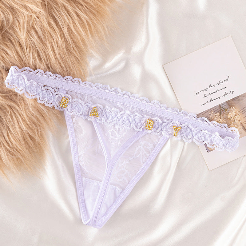 String séduisant pour femme en dentelle en forme de cœur, transparent et orné de strass en forme de lettres