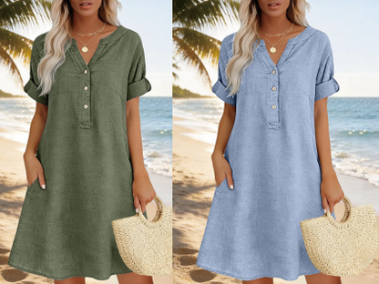 👗 Robe femme décontractée à col V et taille cintrée, poches, tissu doux et confortable ✨