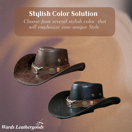 🤠☀️🏕️ PROMO LIMITÉE -50% ! Chapeau Cowboy Anti-UV Respirant – Large Visière, Détails Rivets & Cuir de Vache (Noir/Marron, Taille Unique)