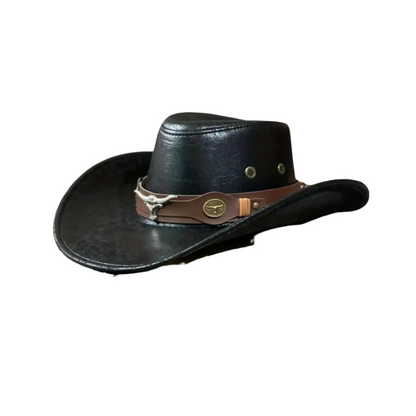 🤠☀️🏕️ PROMO LIMITÉE -50% ! Chapeau Cowboy Anti-UV Respirant – Large Visière, Détails Rivets & Cuir de Vache (Noir/Marron, Taille Unique)