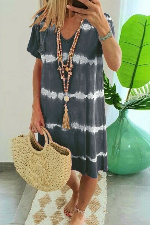 👗🌊 PROMO FLASH 50% ! Robe-T-Shirt Ample Rayée Tie-Dye – Coton Doux, Col V, Manches Courtes, Tailles S-5XL, Idéale Été & Plage ✨☀️