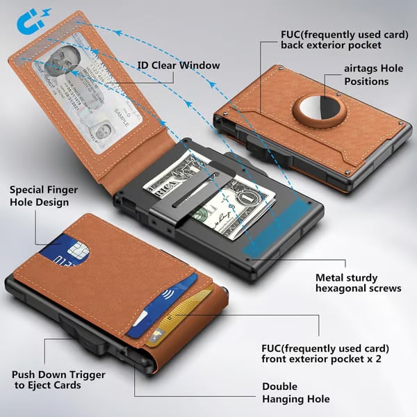 💼🔒Portefeuille fin en aluminium pour homme avec protection RFID – Porte-cartes escamotable avec pince à billets et double fenêtre pour carte d'identité