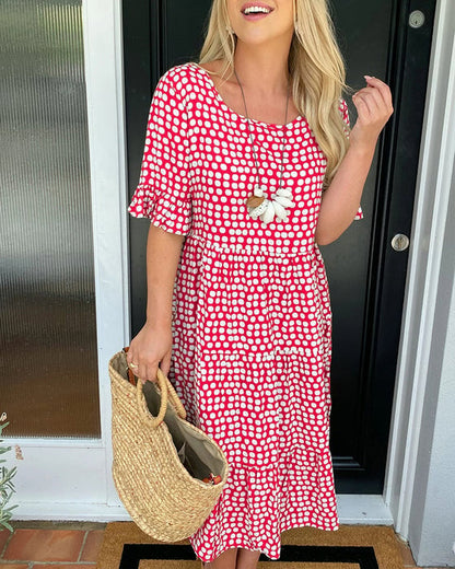 💝🔥 PROMO FLASH -50% ! Robe Midi à Pois & Col Rond Femme – Tissu Léger, Coupe A-Ligne, Manches Mi-Longues à Volants, Idéale Printemps & Été ✨