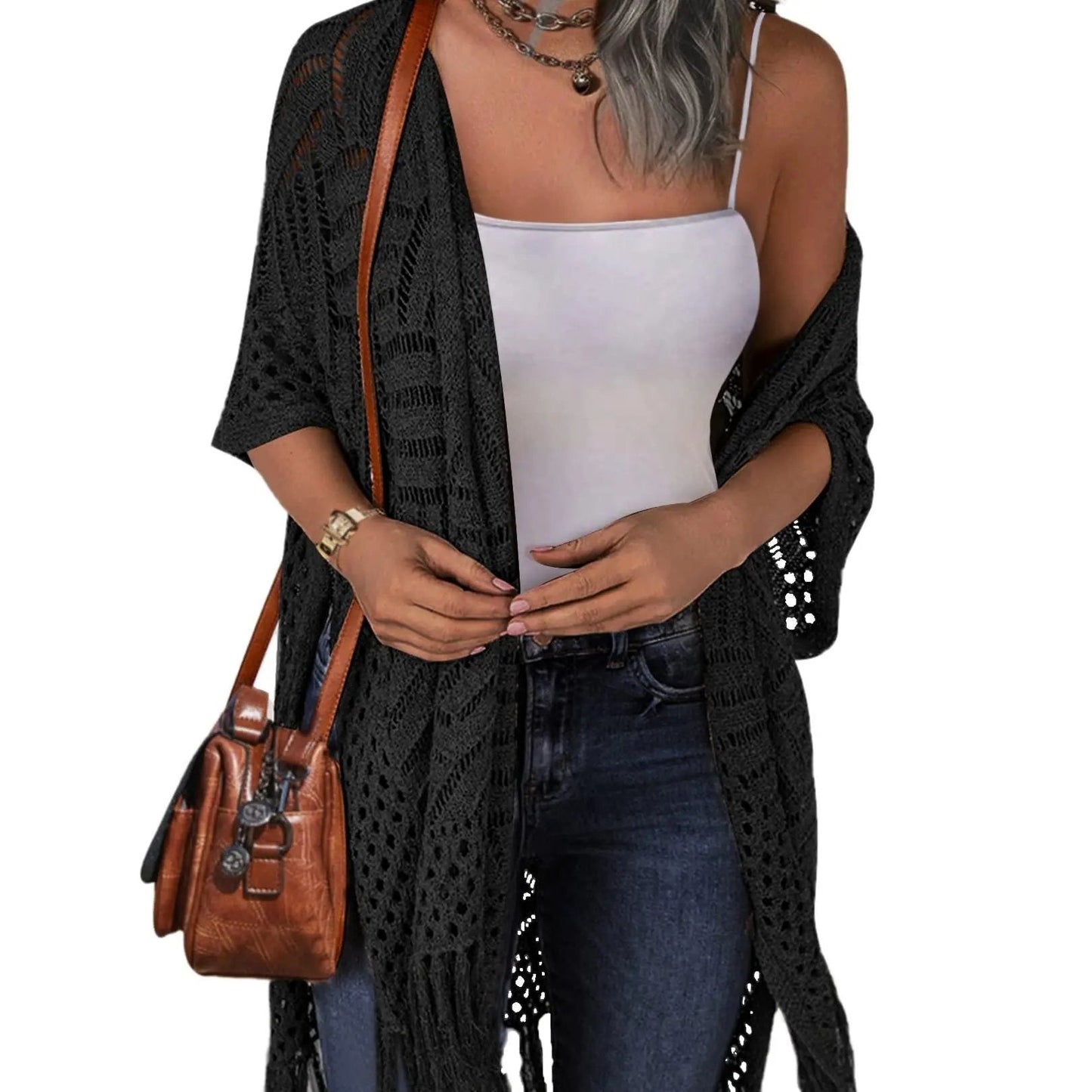 🔥 😍Gilet oversize en maille pour femme – Kimono léger à pompons en crochet pour le printemps et l'été 🌸