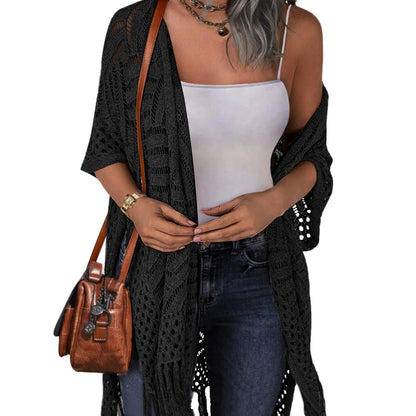 🔥 😍Gilet oversize en maille pour femme – Kimono léger à pompons en crochet pour le printemps et l'été 🌸