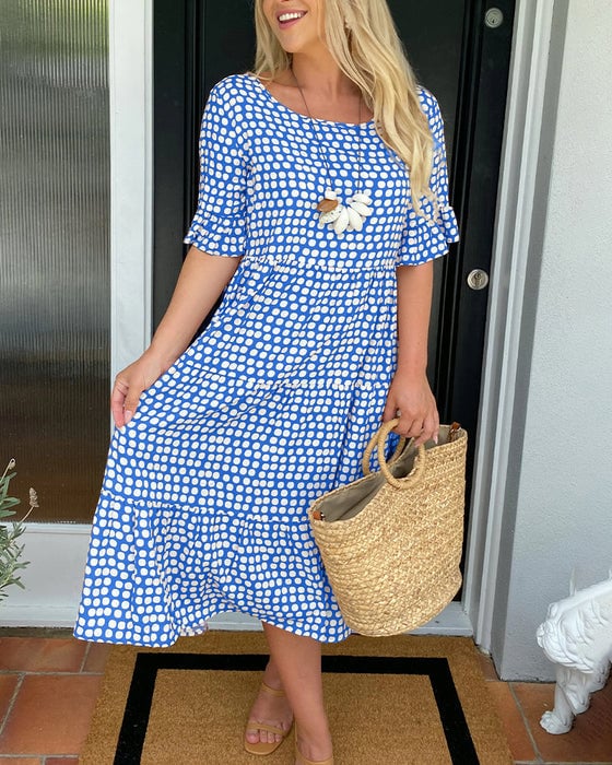 💝🔥 PROMO FLASH -50% ! Robe Midi à Pois & Col Rond Femme – Tissu Léger, Coupe A-Ligne, Manches Mi-Longues à Volants, Idéale Printemps & Été ✨