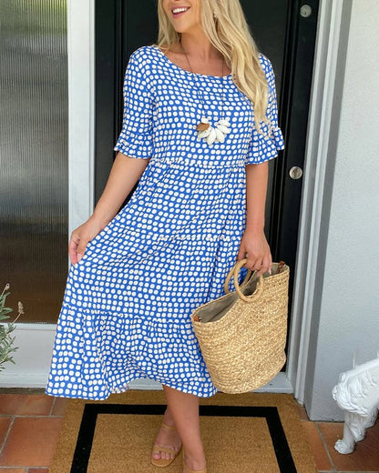 💝🔥 PROMO FLASH -50% ! Robe Midi à Pois & Col Rond Femme – Tissu Léger, Coupe A-Ligne, Manches Mi-Longues à Volants, Idéale Printemps & Été ✨