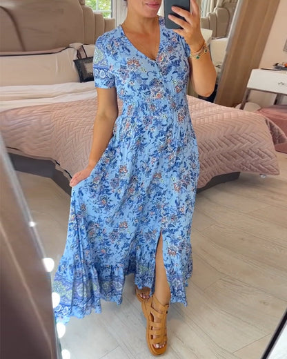👗 49% DE RÉDUCTION ! 💃 Robe Longue à Col en V Imprimée – Coupe Élégante, Tissu Confortable & Style Polyvalent ✨