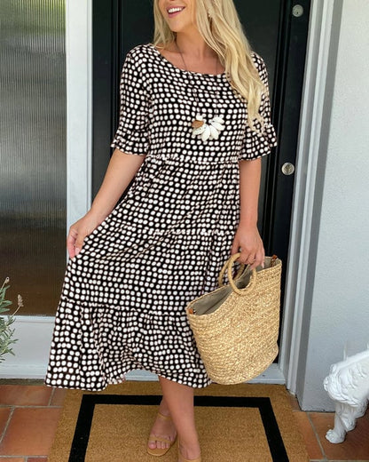 💝🔥 PROMO FLASH -50% ! Robe Midi à Pois & Col Rond Femme – Tissu Léger, Coupe A-Ligne, Manches Mi-Longues à Volants, Idéale Printemps & Été ✨