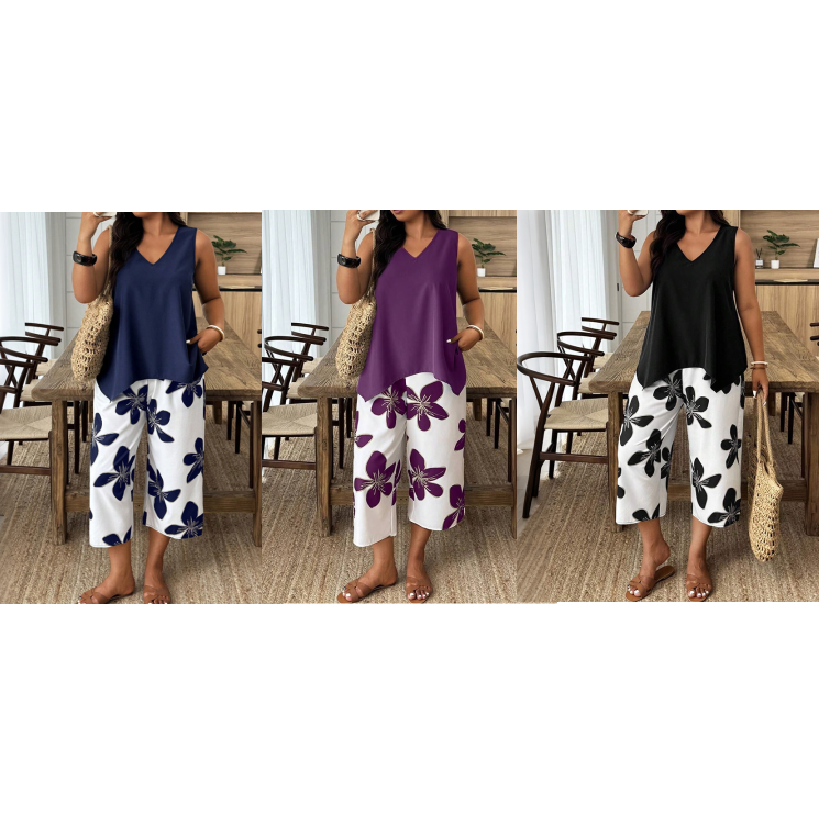 🌸🌺 PROMO FLASH 50% ! Ensemble 2 Pièces Femme – T-shirt Asymétrique & Pantacourt Imprimé Fleuri, Tissu Doux, Style Bohème Chic & Polyvalent ✨
